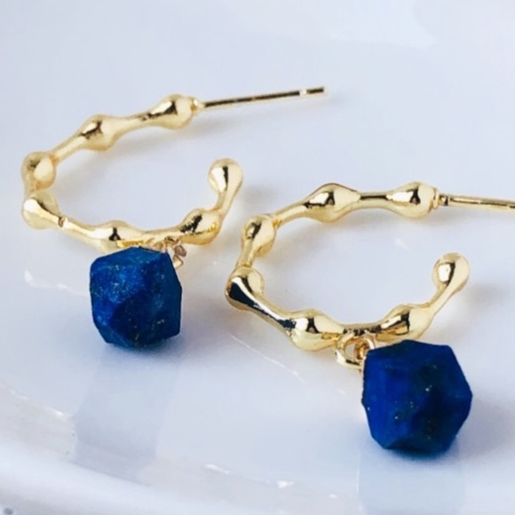 Hand Crafted Jewelry - Gold Plated Blue Lapis Lazuli Bubble Hoop Earrings